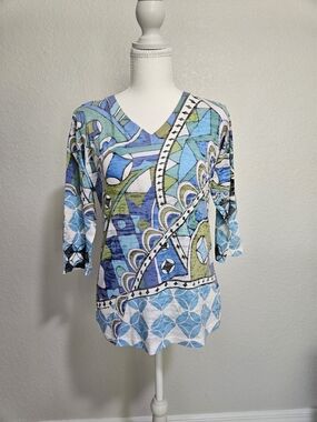 V-Neck Geometric Print Long Sleeve Top in Blue & Green